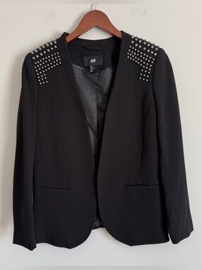 Black Studded Shoulder Blazer Women 6 Jacket Cropped Career Rocker Edgy Punk H&M